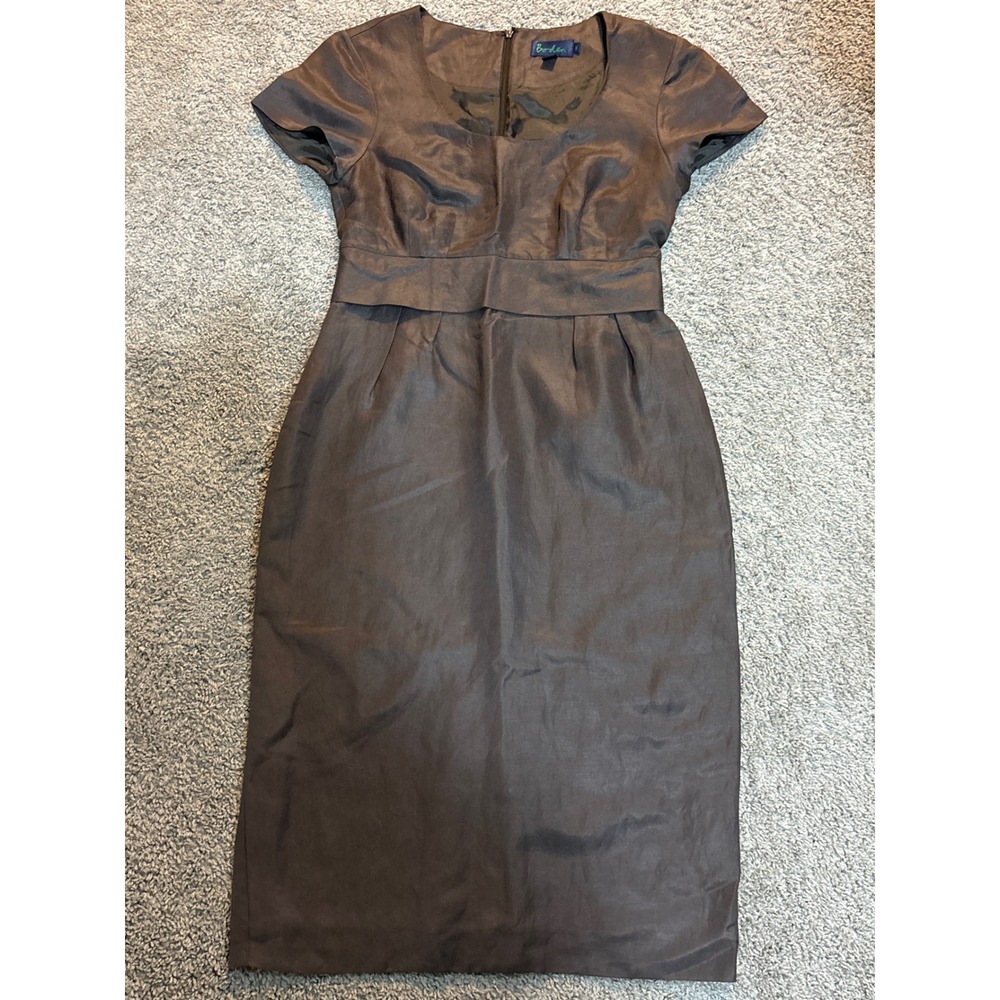 Boden Silk Linen Blend Sheath Dress Brown Cap Sleeve Metallic Sheen 10L